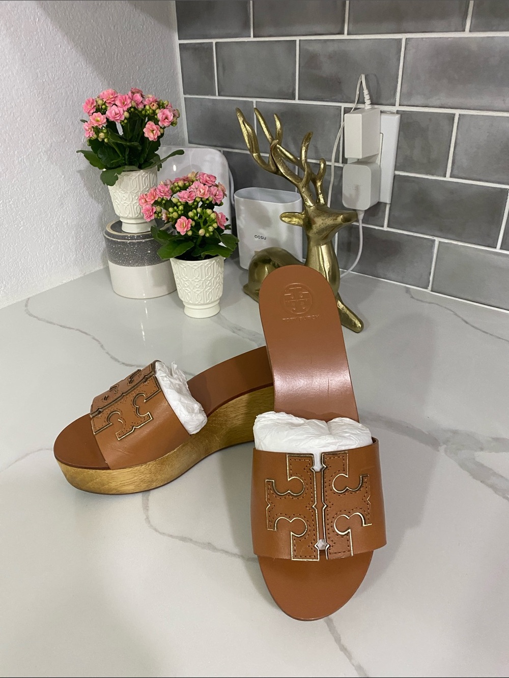 Tory Burch Tan Leather Logo Slide Mules - Picture 5 of 5